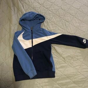 Nike Kids Blue and Navy Zip Hoodie with White Swoosh